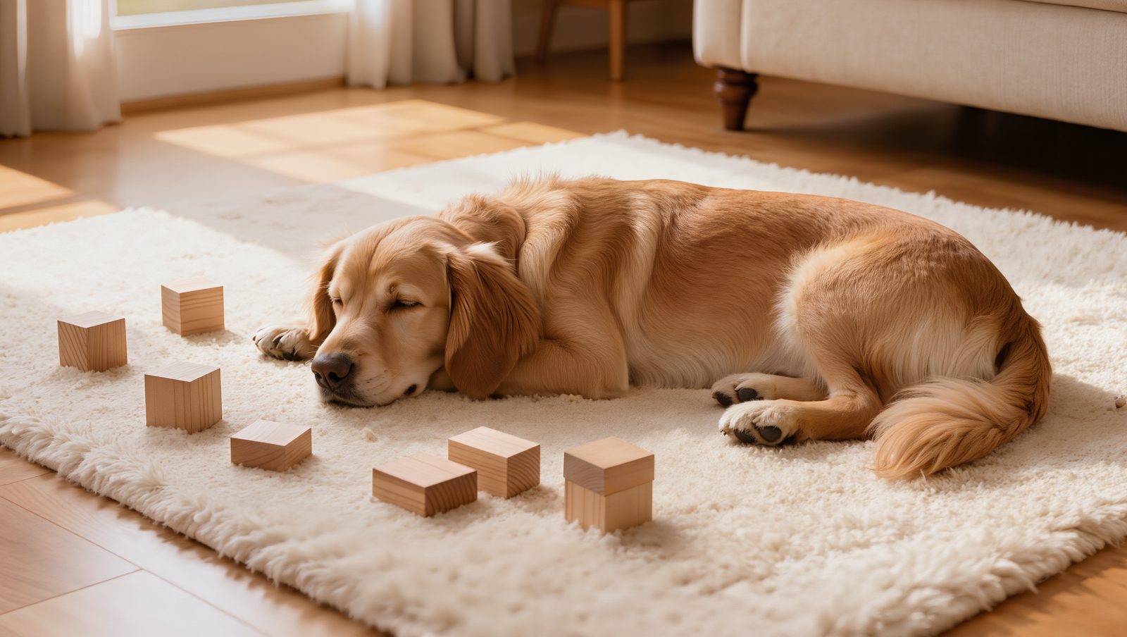 Familienhund liegt ruhig auf einem Wohnzimmerteppich neben Holzbauklötzen