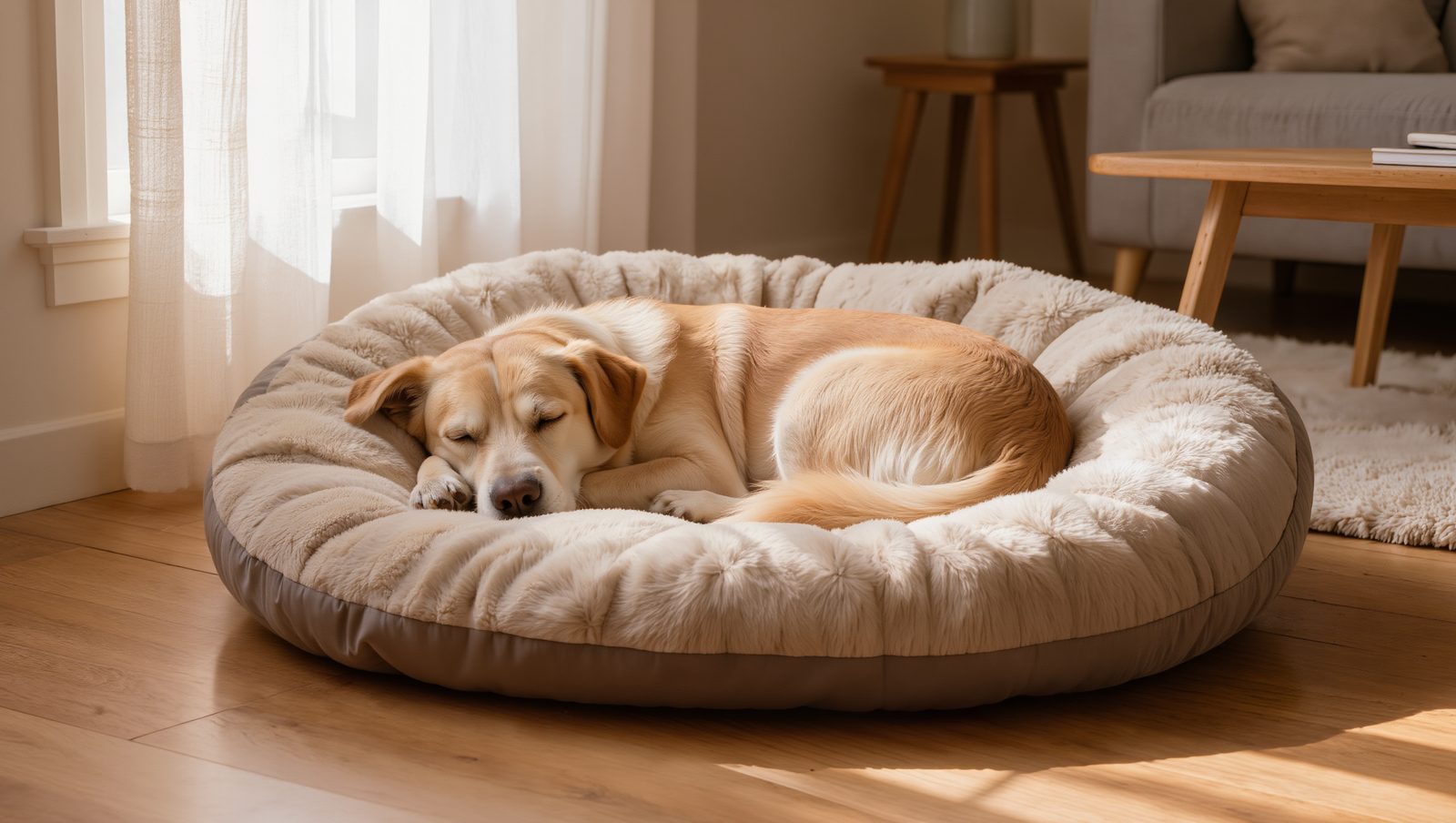 Hund schläft zusammengerollt in einem großen runden Hundebett