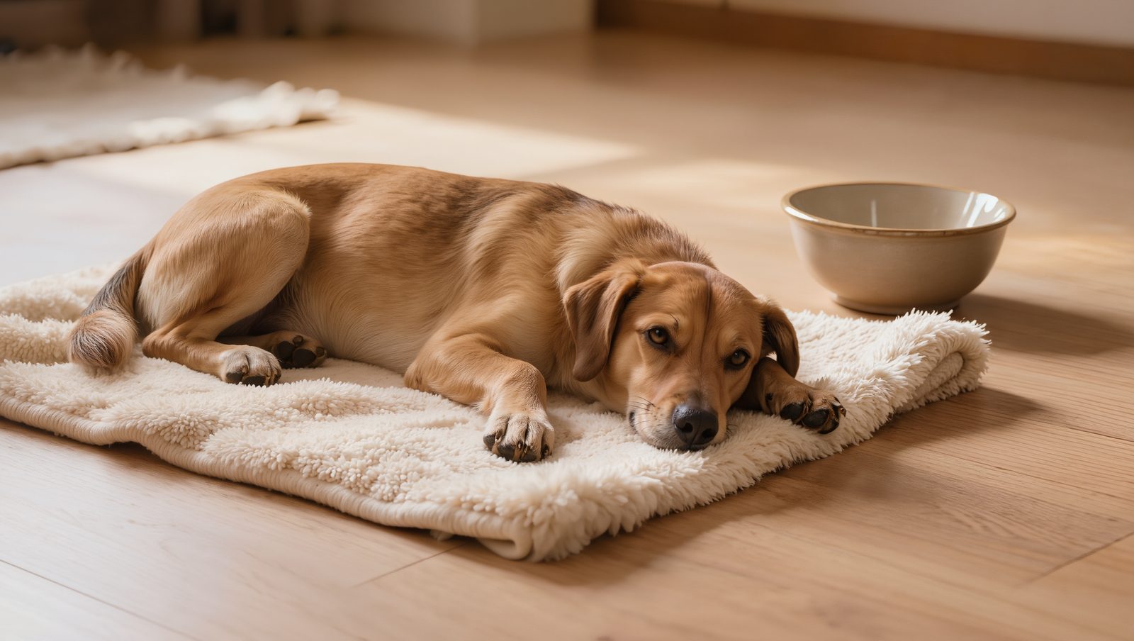 Matt auf einer Decke liegender Hund neben einem Wassernapf