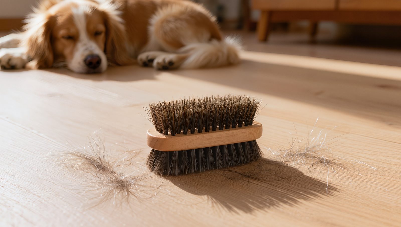 Bürste voller loser Hundehaare auf hellem Holzboden