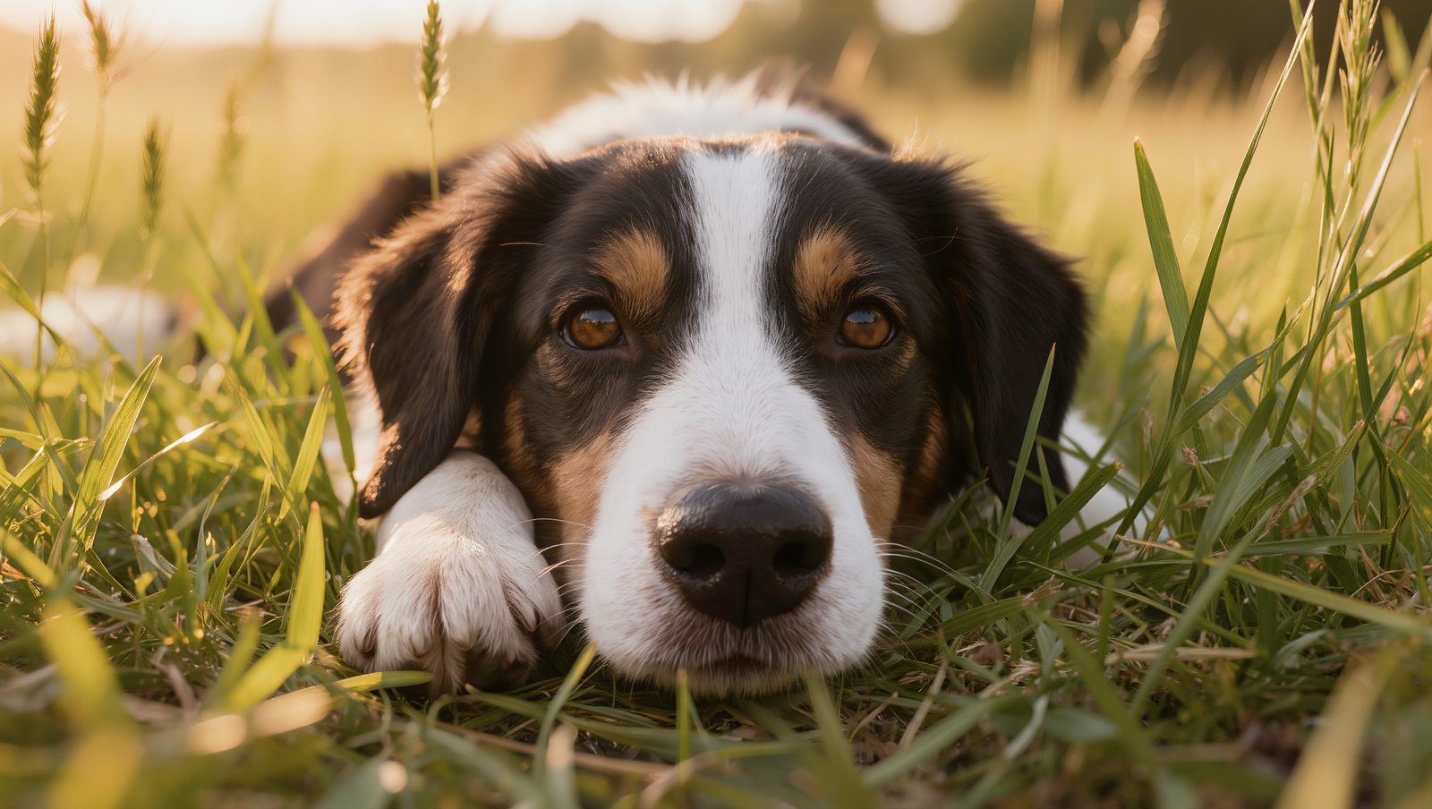 Hund liegt mit dem Kopf im hohen Sommergras einer Wiese