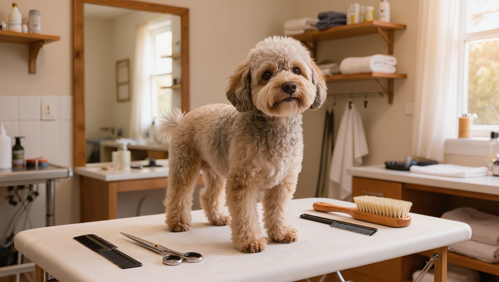 Hund mit lockigem Fell steht ruhig auf einem Pflegetisch neben Schere und Kamm