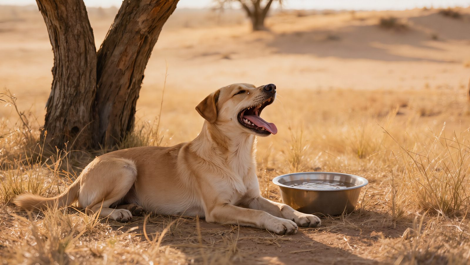 Stark hechelnder Hund liegt im Schatten eines Baumes neben einem Wassernapf