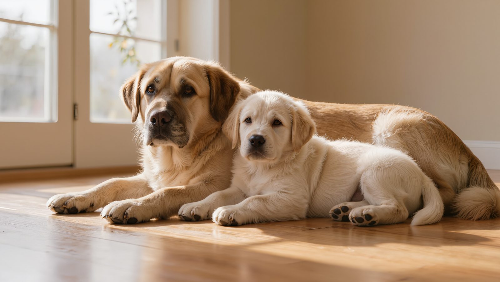 Alter Hund mit grauer Schnauze liegt neben einem jungen Hund