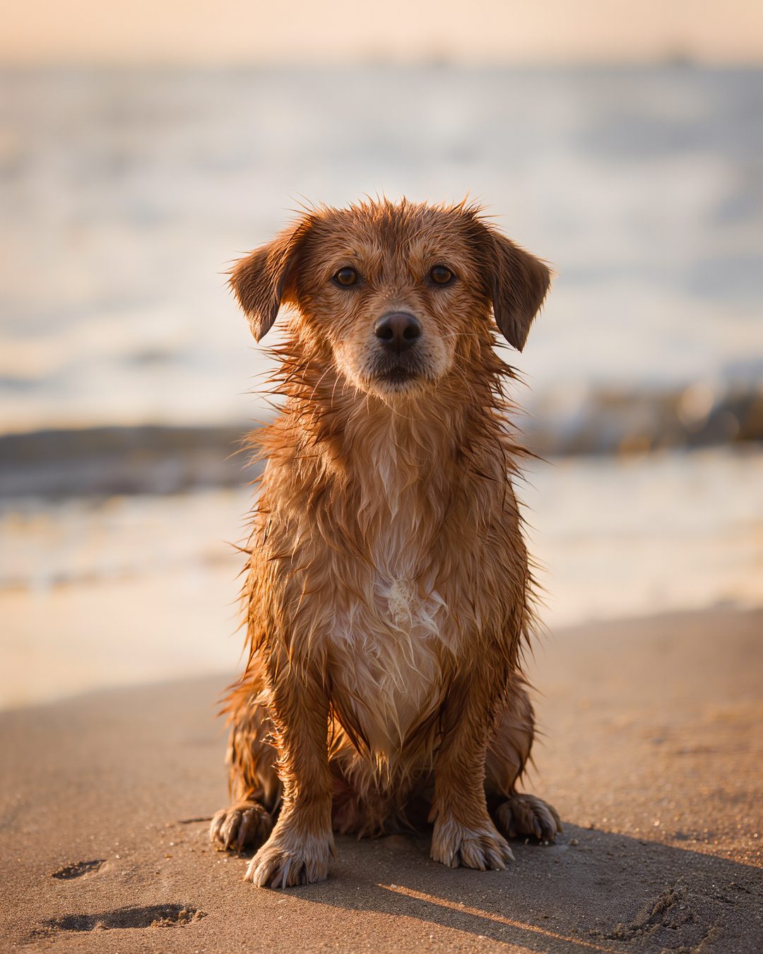 Hund mit feuchtem Fell sitzt im Abendlicht am Wasser und schaut in die Kamera