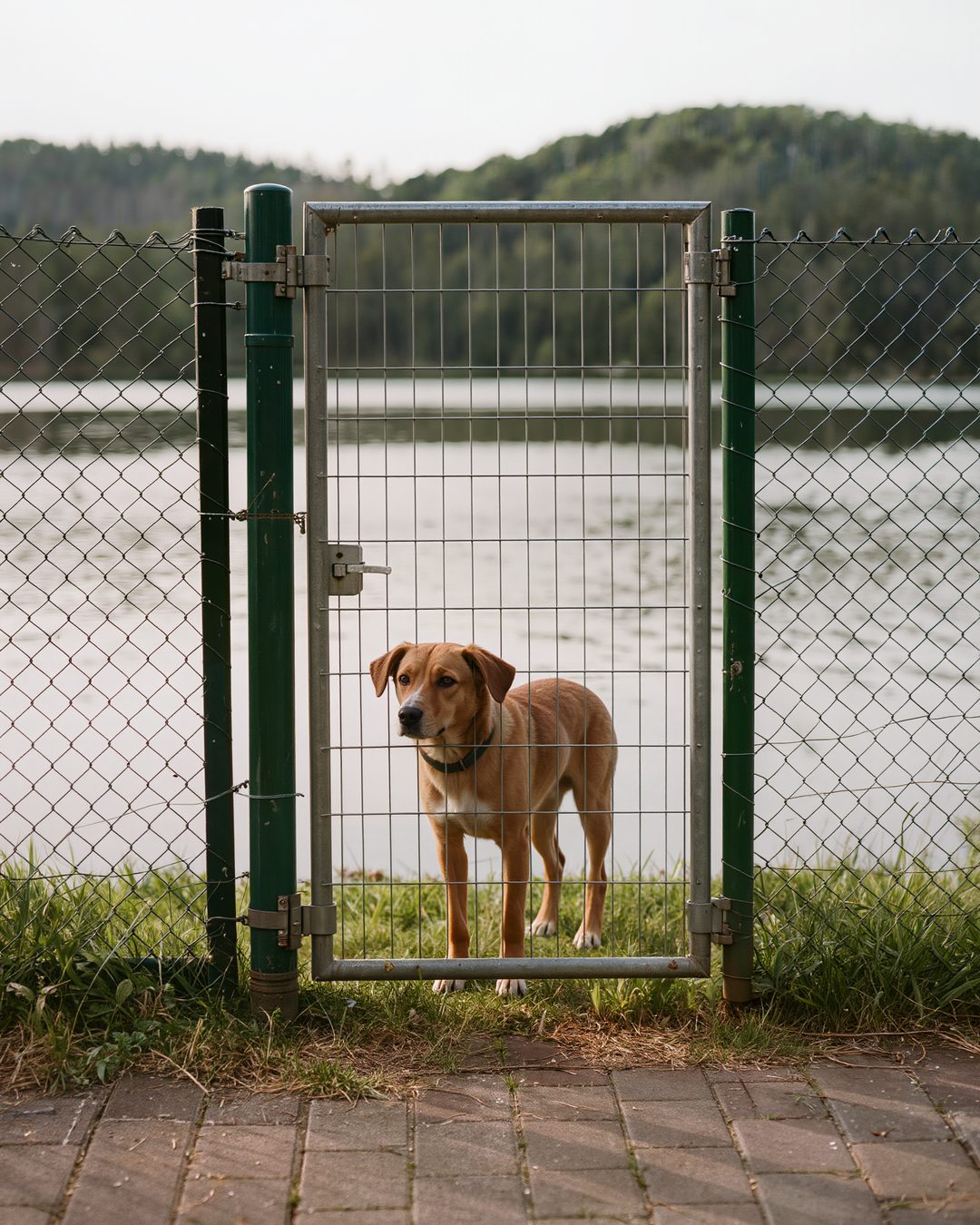 Hund steht im flachen Wasser einer eingezäunten Hundezone am See, im Hintergrund ein Holzzaun