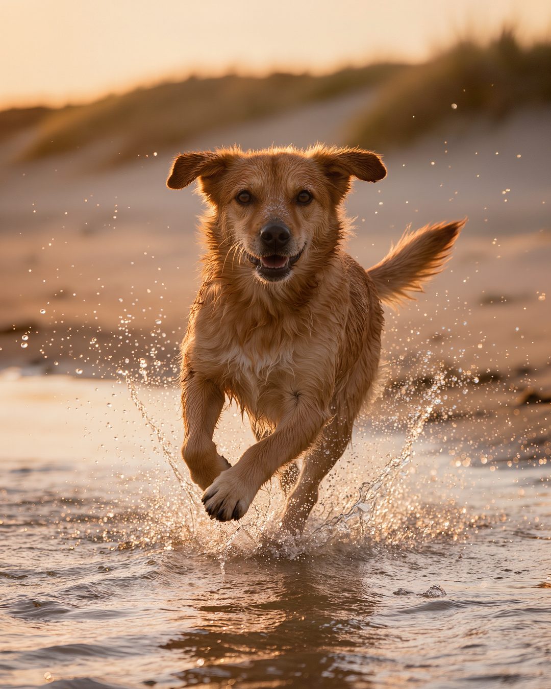 Hund rennt bei tiefstehender Sonne durch das flache Wasser an einem leeren Strand