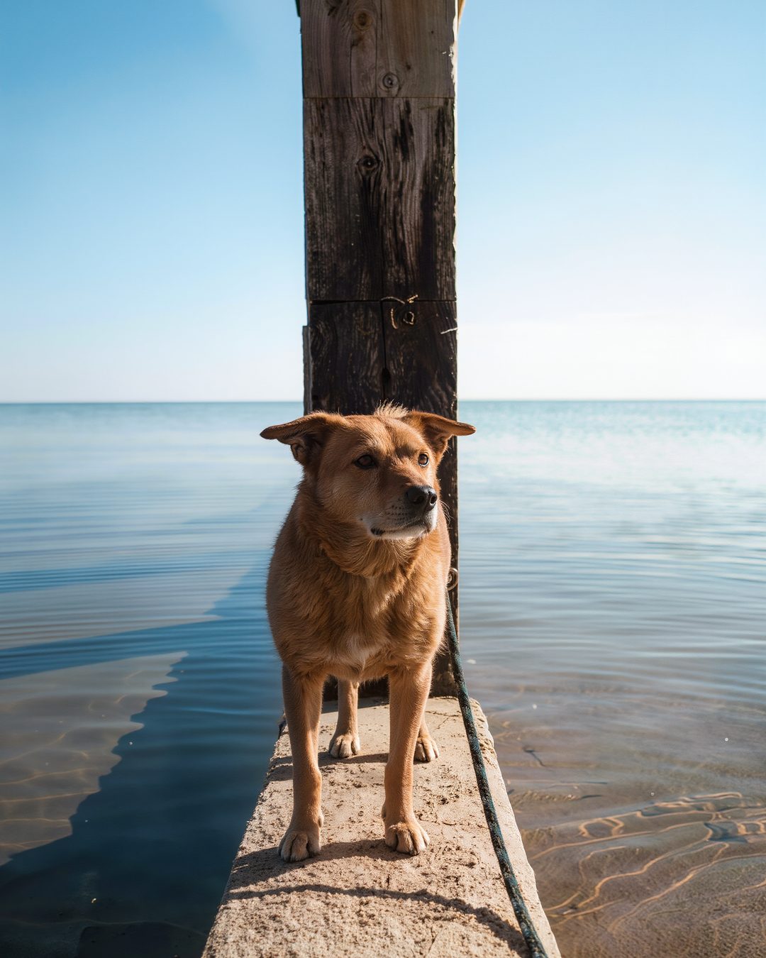 Angeleinter Hund steht bei grellem Mittagslicht auf einem schmalen Sandstreifen am Wasser