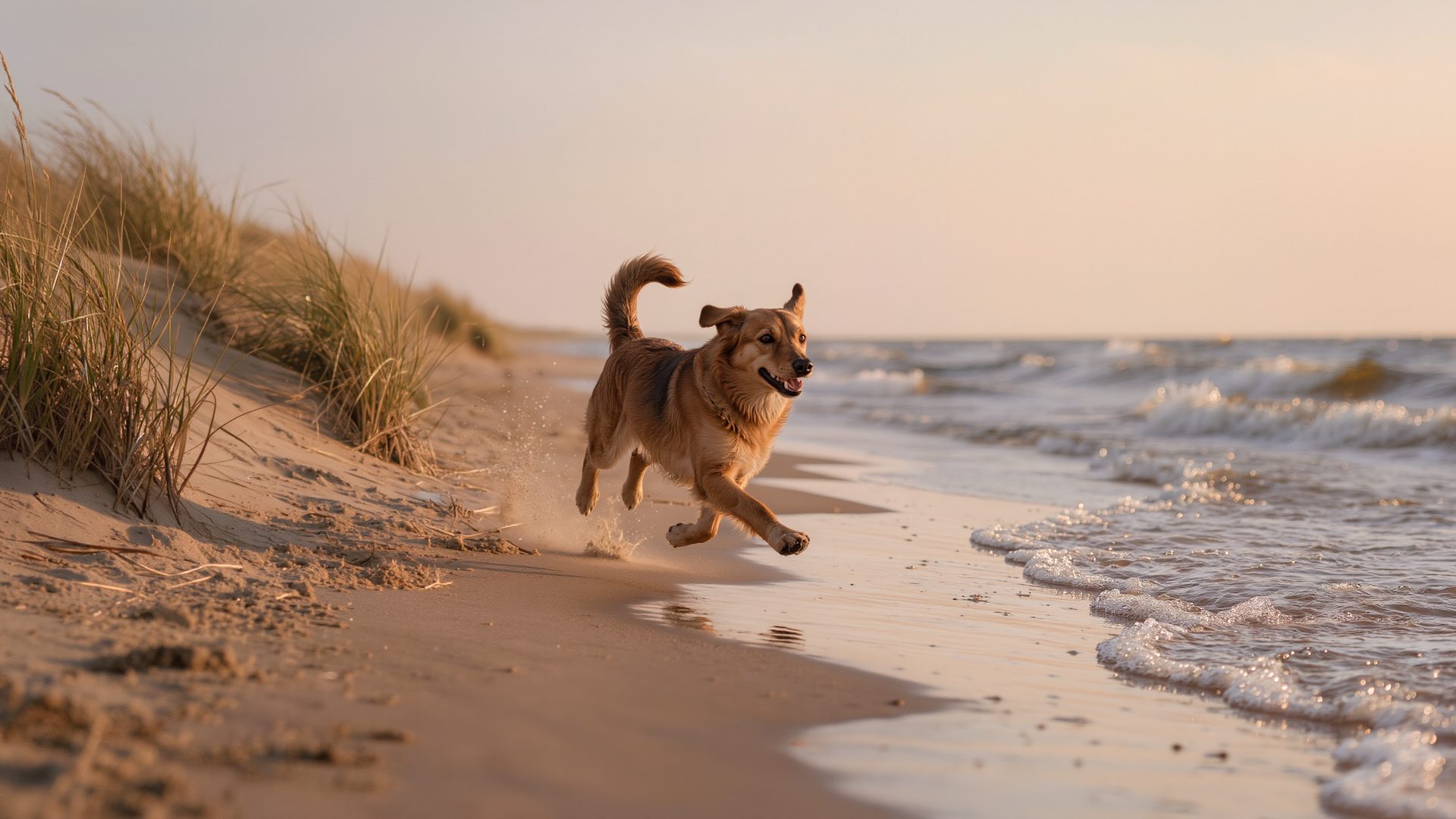 Hund rennt bei tiefstehender Herbstsonne über einen menschenleeren Ostseestrand am Spülsaum entlang