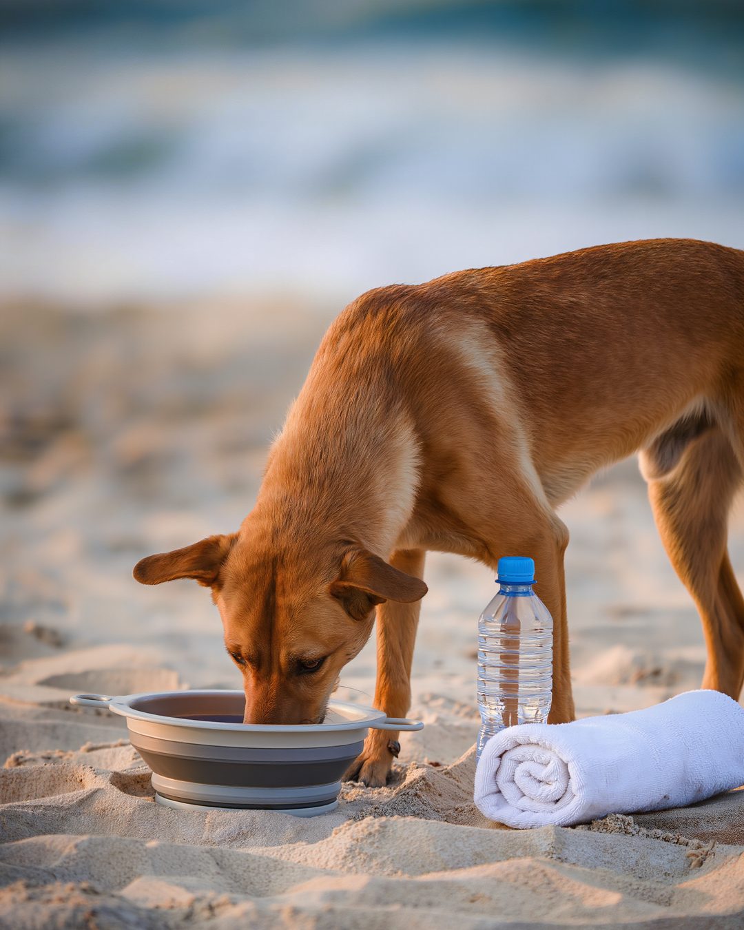 Hund trinkt am Strand aus einem faltbaren Reisenapf neben einer Wasserflasche