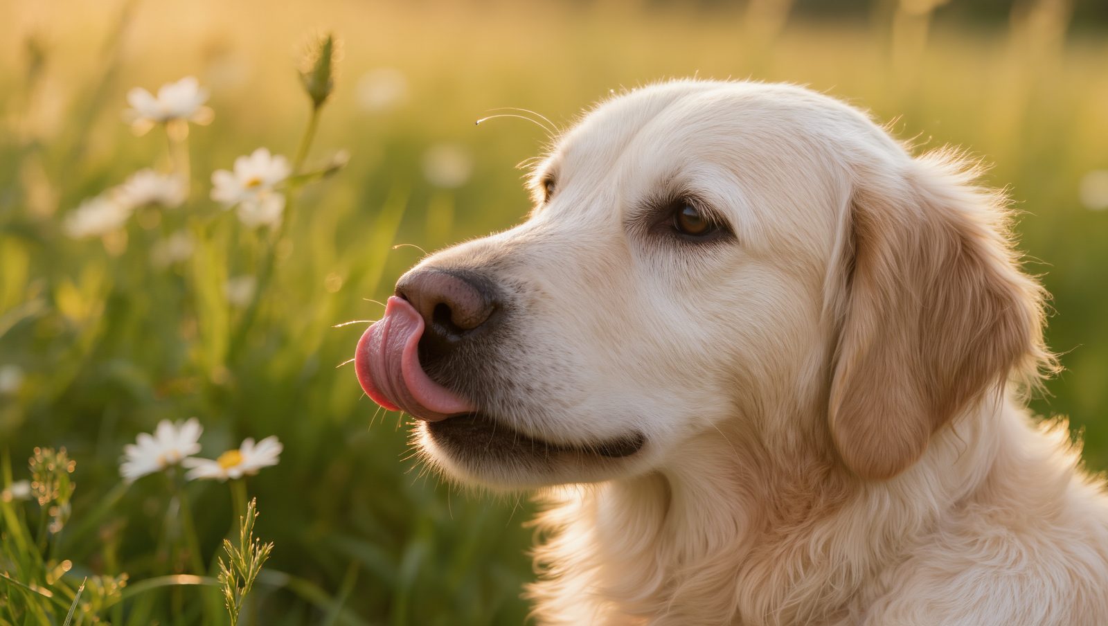 Hund im Profil auf einer Sommerwiese leckt sich über die Nase