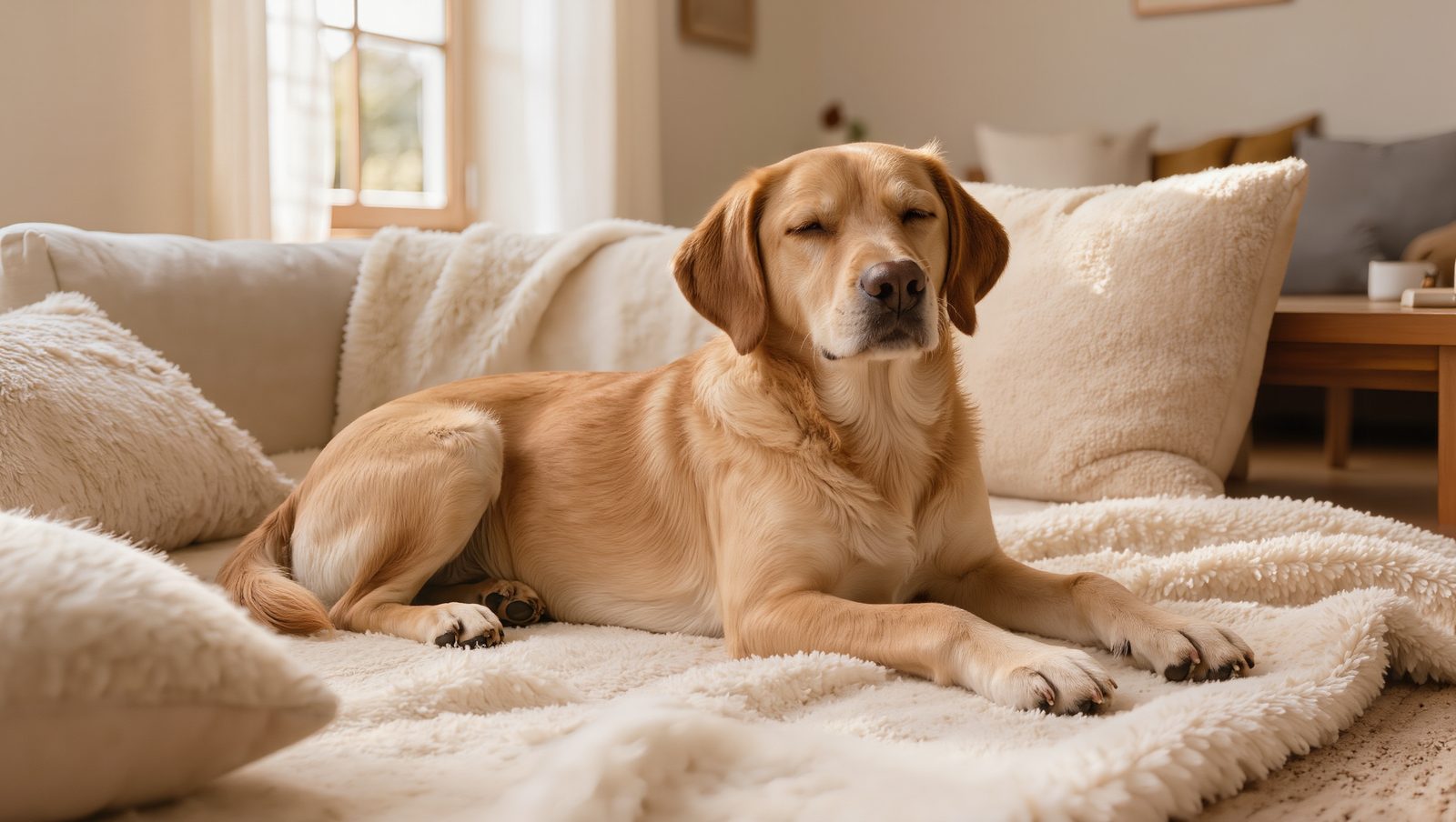 Hündin liegt ruhig auf einer Couch mit weichen Decken in einem hellen Wohnzimmer