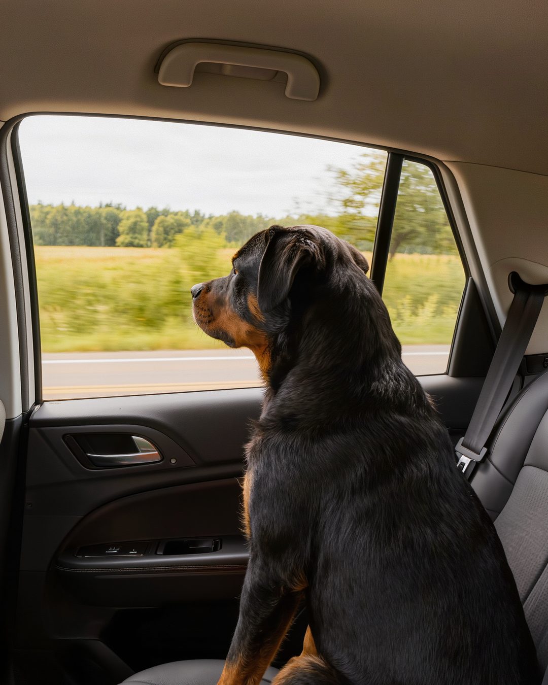 Hund sitzt auf der Rückbank eines Autos und schaut aus dem geöffneten Fenster auf eine vorbeiziehende Landstraße