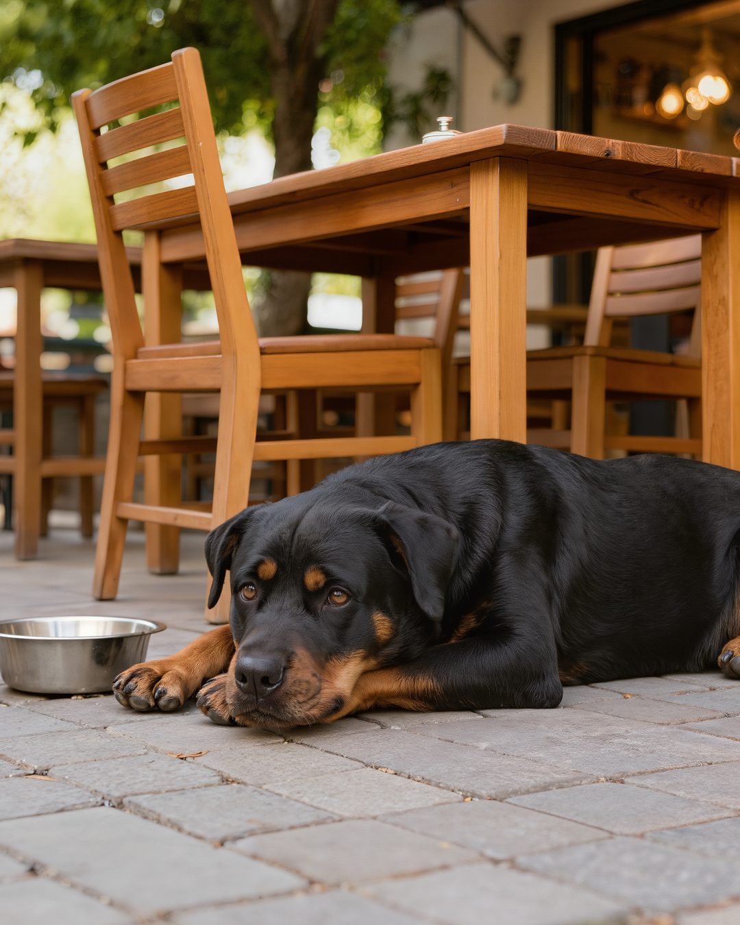 Hund liegt entspannt unter einem Tisch auf einer Caféterrasse neben einem Wassernapf