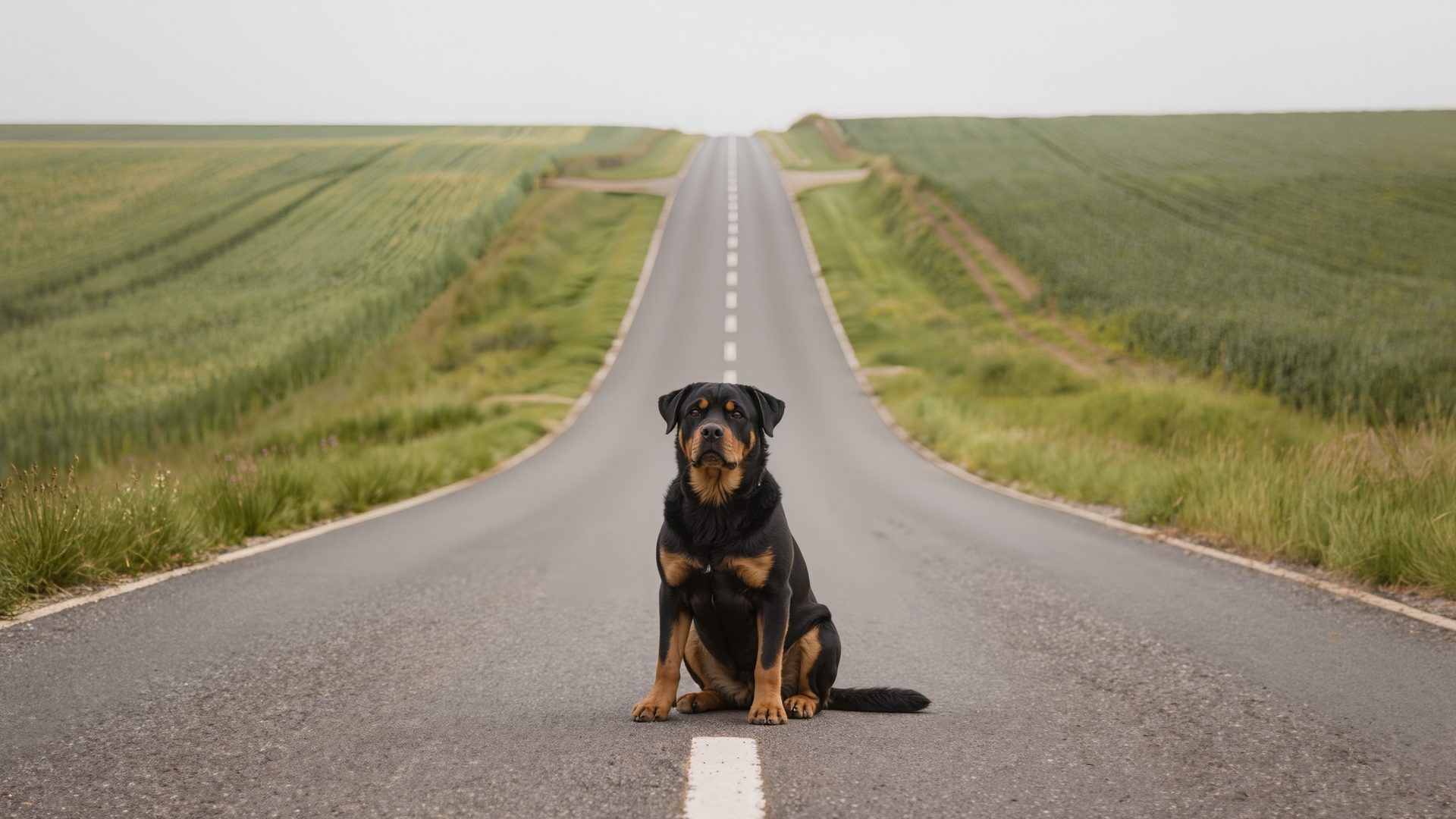 Rottweiler sitzt ruhig auf einer leeren Landstraße, die geradeaus durch grüne Felder zum Horizont führt