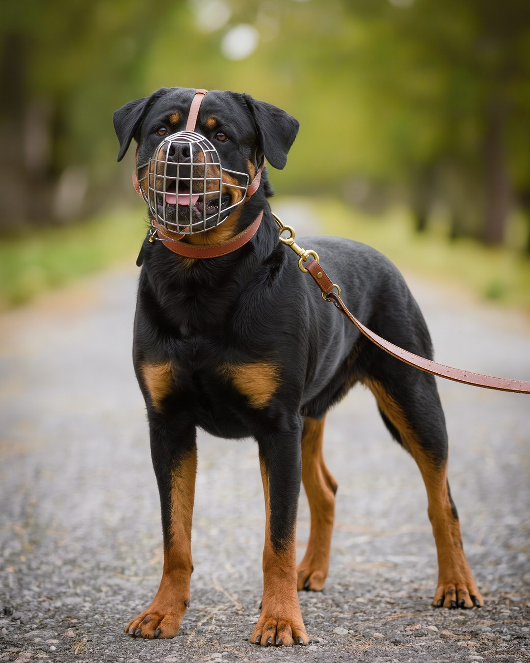 Hund mit korrekt sitzendem Korbmaulkorb und Lederleine steht entspannt auf einem Parkweg