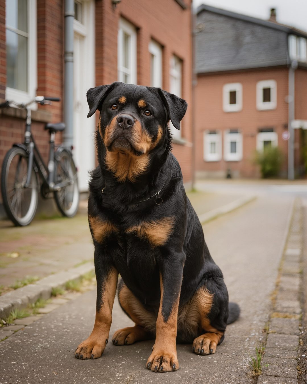 Rottweiler sitzt ruhig auf dem Gehweg einer Wohnstraße mit Backsteinhäusern