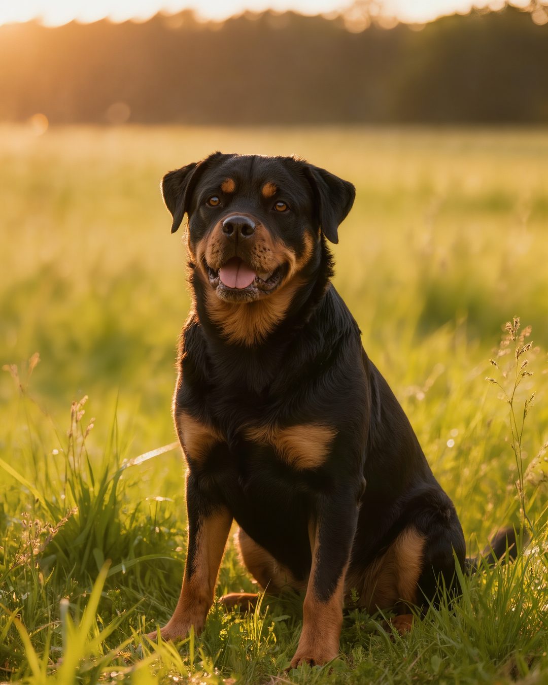 Hund sitzt in der Abendsonne auf einer Sommerwiese und schaut freundlich in die Kamera