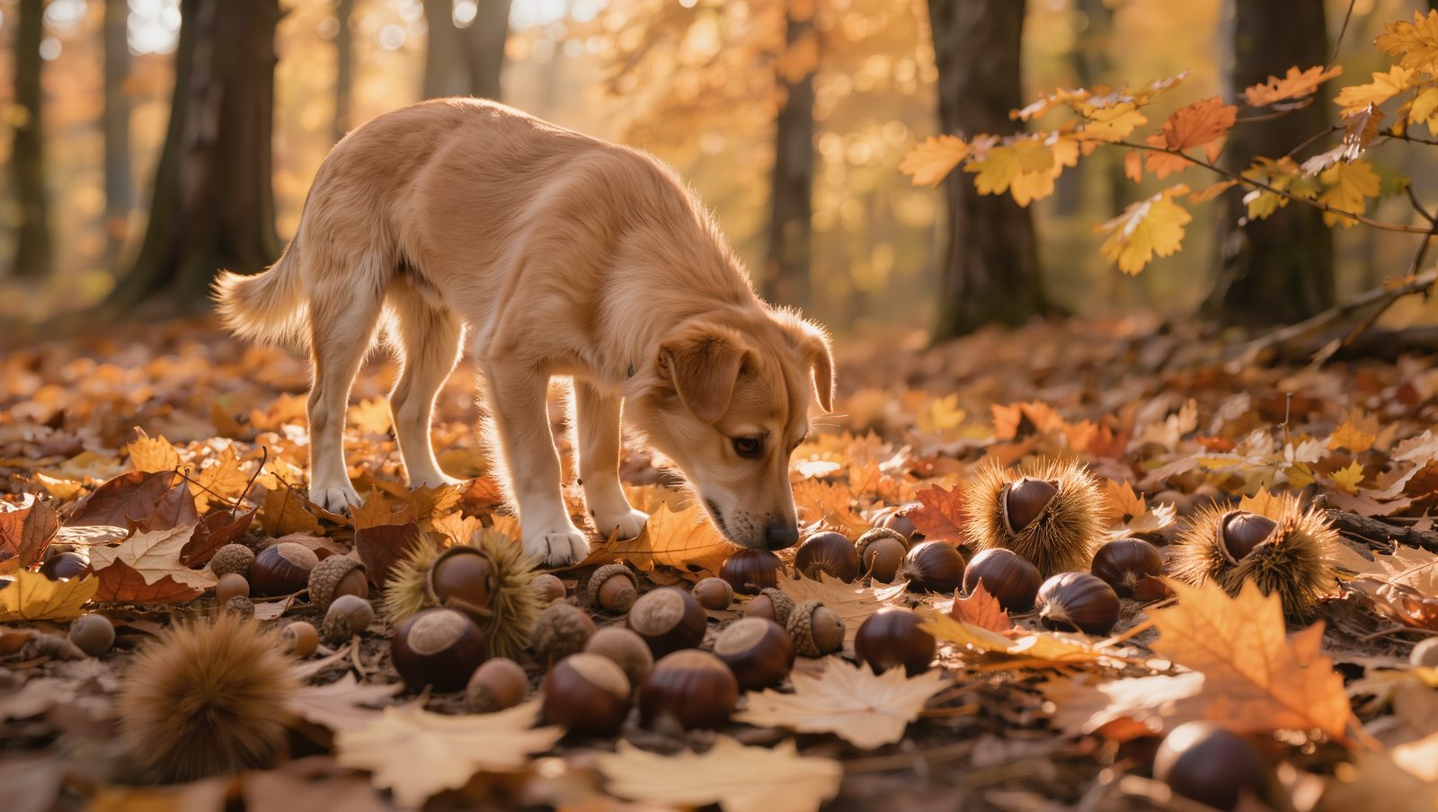 Kastanien und Eicheln auf herbstlichem Waldboden, Hund schnüffelt im Hintergrund