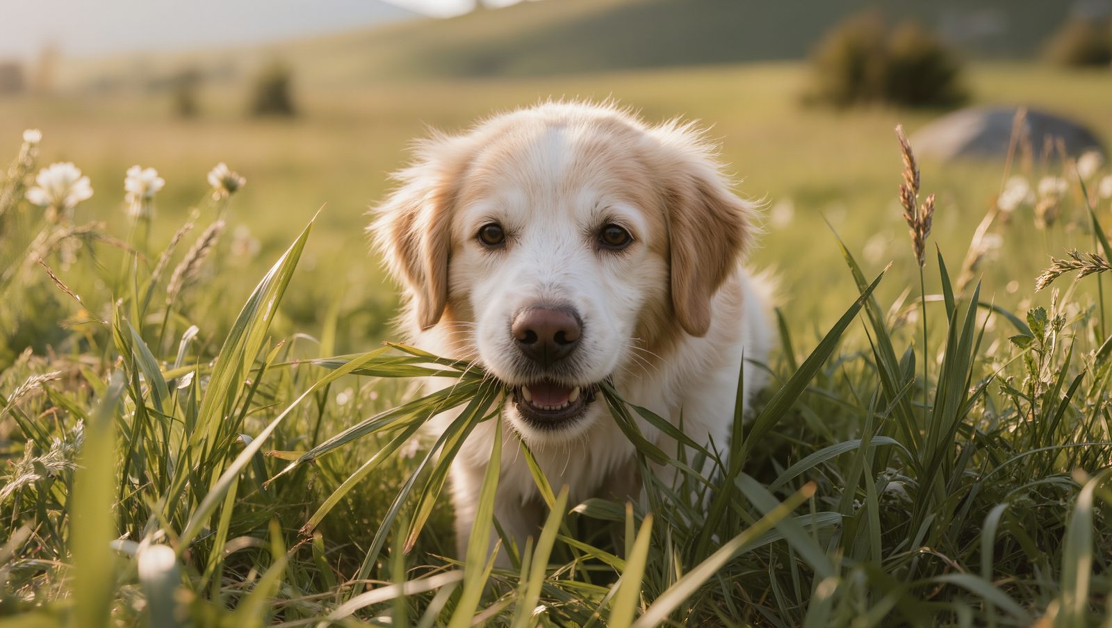 Hund senkt den Kopf und frisst hohes grünes Gras auf einer Wiese