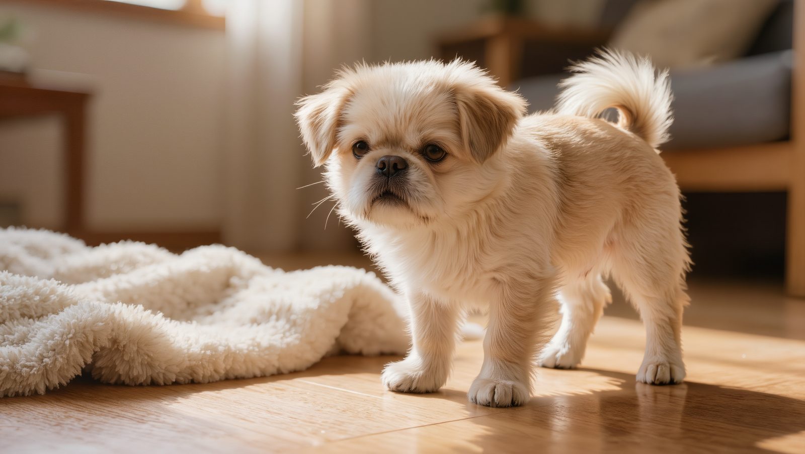 Kleiner Hund steht angespannt auf hellem Holzboden neben einer weichen Decke