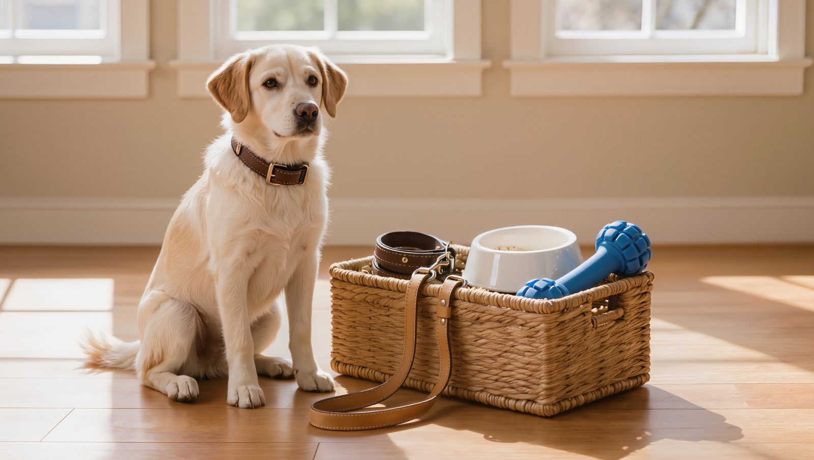 Hund neben einem Korb mit Leine, Halsband, Napf und Spielzeug