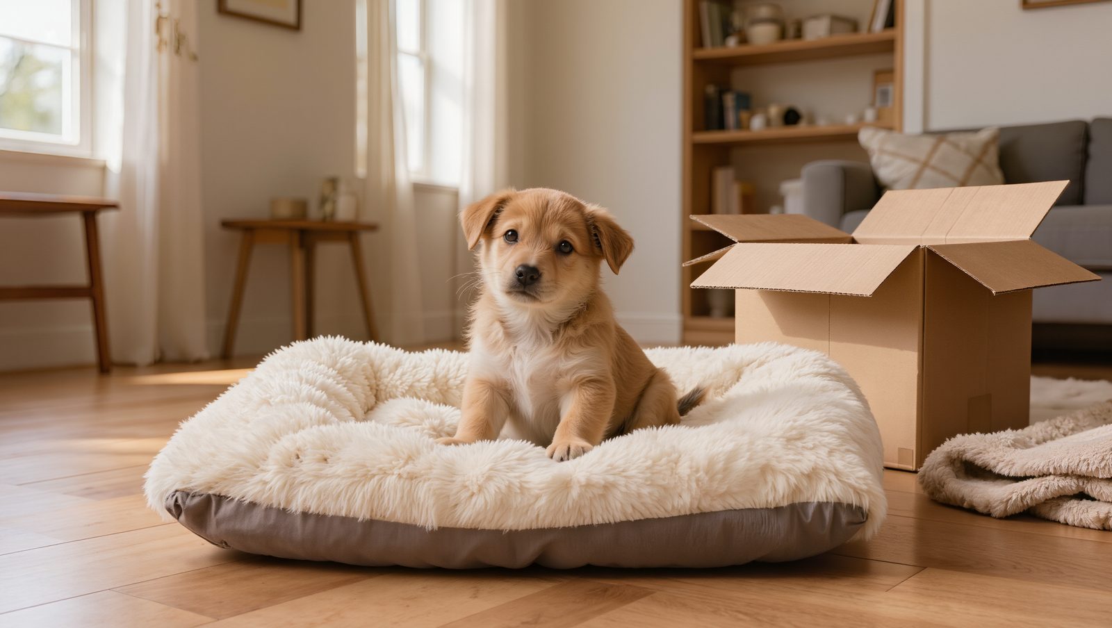 Welpe sitzt in einem weichen Hundebett in einem hellen, noch leeren Zimmer