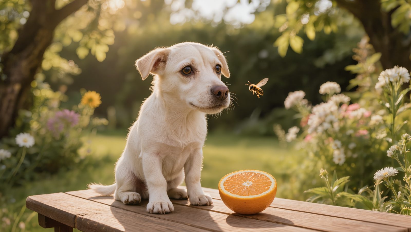 Hund auf einem Gartentisch beobachtet ein fliegendes Insekt neben einer aufgeschnittenen Orange