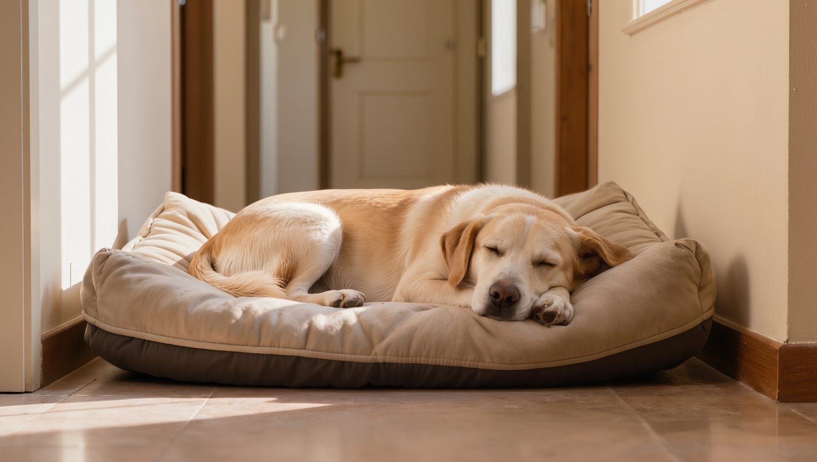 Entspannt allein auf seinem Bett liegender Hund vor einer geschlossenen Wohnungstür