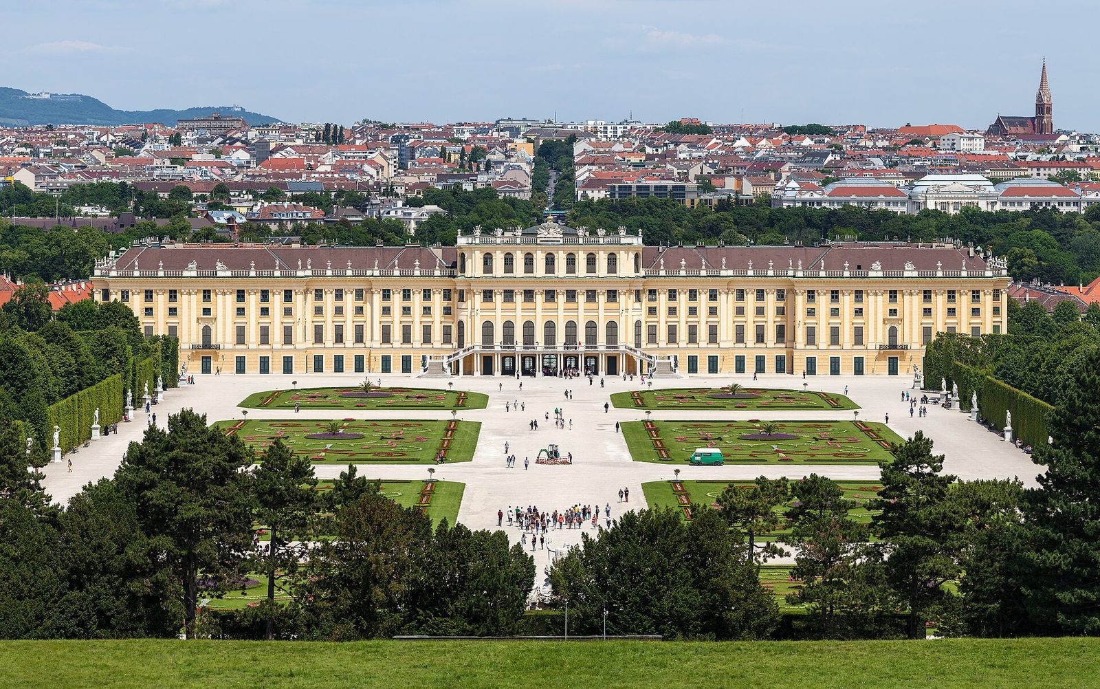 Barockschloss Schönbrunn in Wien mit symmetrischem Garten und Brunnen aus erhöhter Perspektive