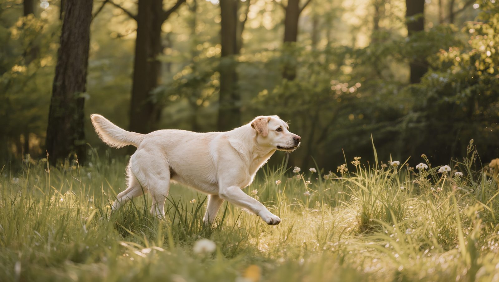 Hund läuft durch hohes Gras am Waldrand