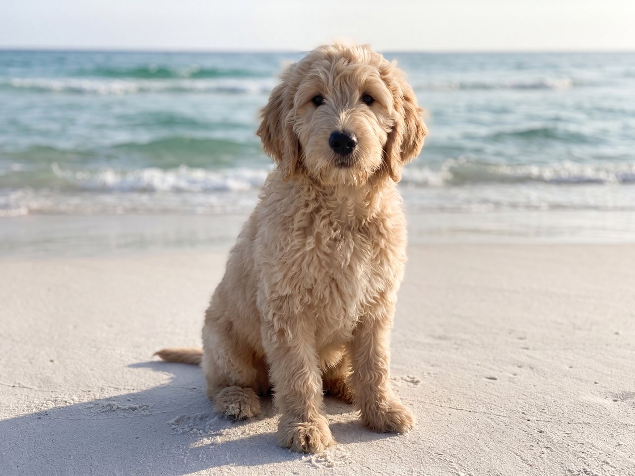 Nala, ein junger Goldendoodle mit hellem lockigem Fell, sitzt am Sandstrand vor dem Meer