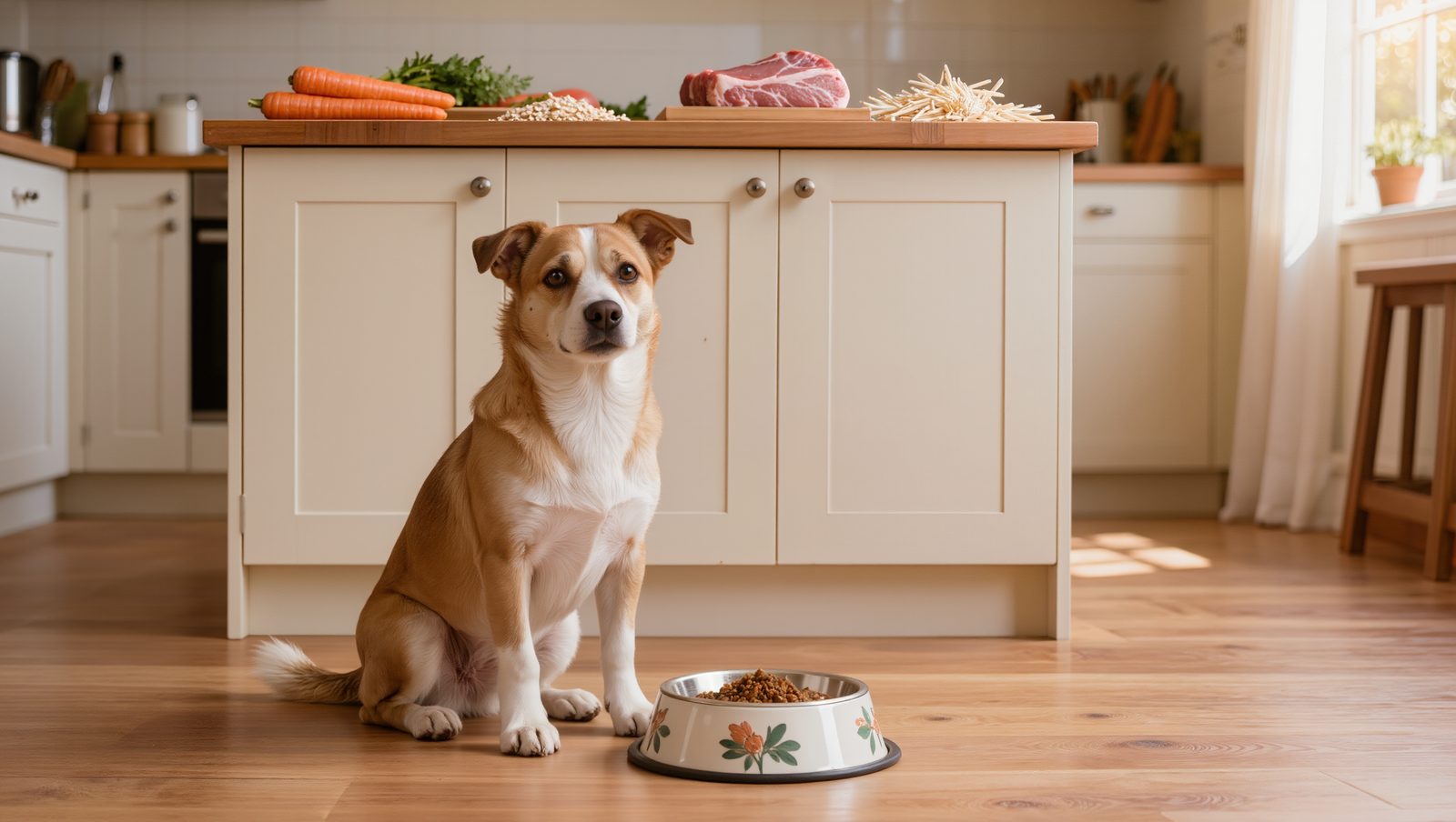 Hund sitzt vor seinem Napf in einer hellen Küche, frische Zutaten auf der Arbeitsplatte