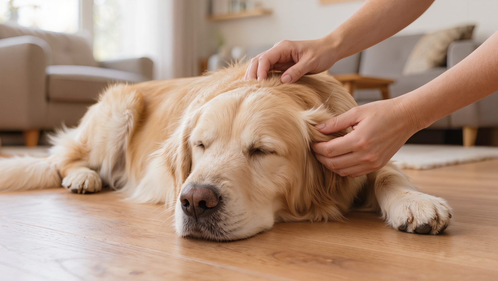 Hund liegt ruhig auf dem Boden, während eine Hand das Fell hinter dem Ohr kontrolliert