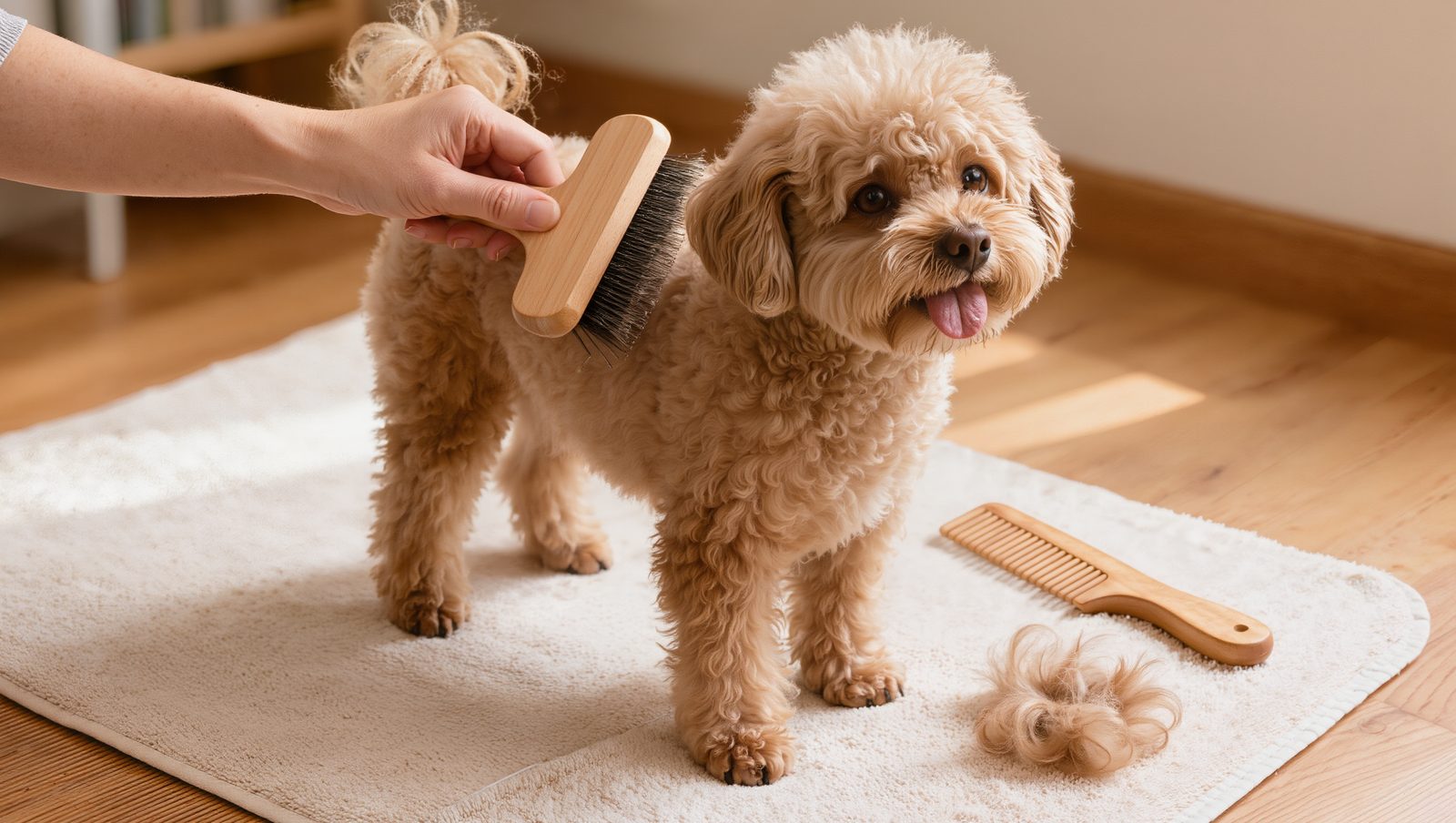 Hund mit lockigem Fell wird mit einer Bürste gepflegt