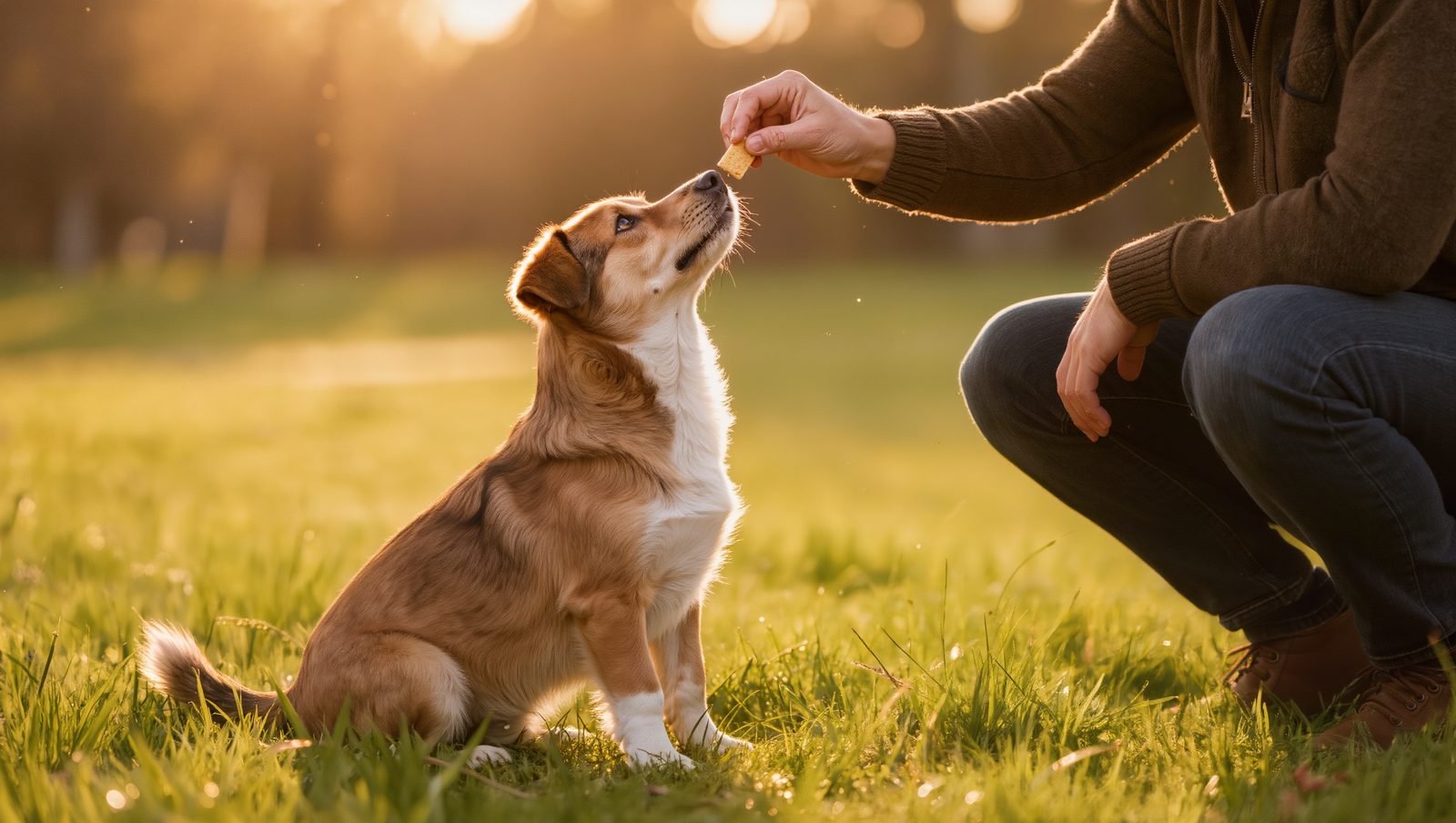 Hund sitzt aufmerksam auf einer Wiese und schaut zu einer Person mit Leckerli auf